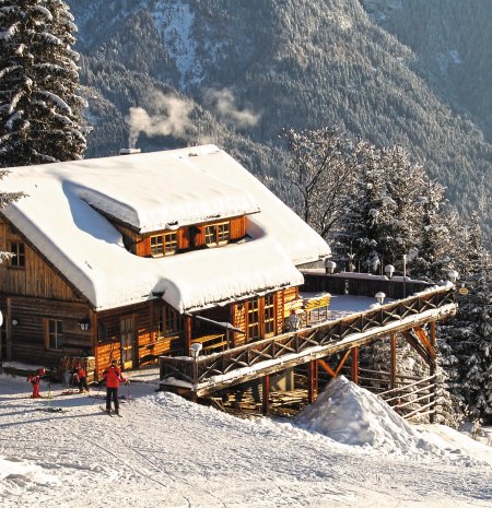 Verschneite Hütte mit Skifahrern am Waldrand