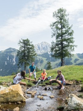 Familie spielt am klaren Gebirgsbach