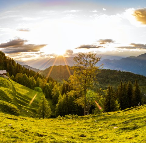 Sonnenuntergang über grüner Berglandschaft