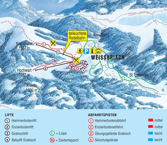 Pistenplan Skigebiet Weißbriach mit Liften und Abfahrten