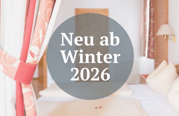 Pink patterned curtain on left, blurred bedroom in background, text New from winter 2026