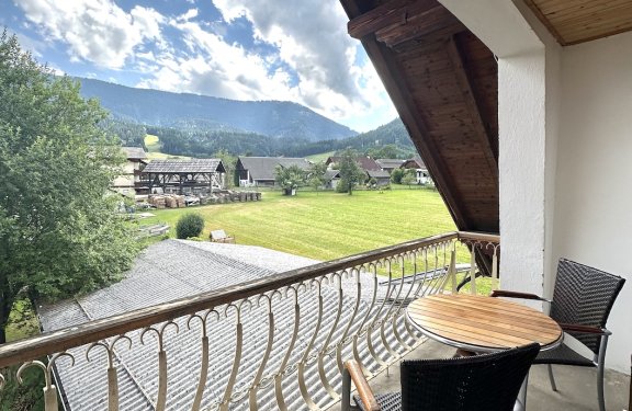 Balkon mit Ausblick auf Wiese und Berge