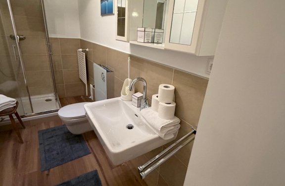 Bathroom with sink, mirror cabinet, toilet, and shower.