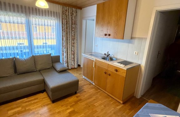 Living area with sofa and small kitchenette.